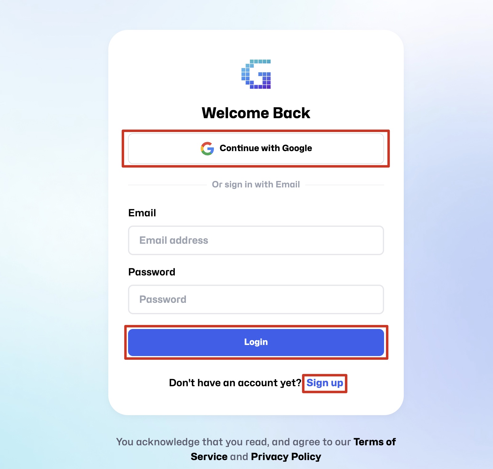 Login page